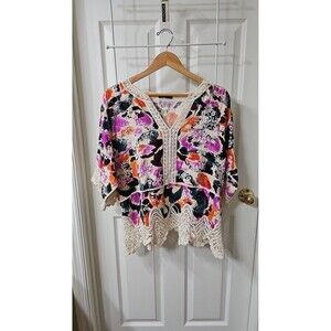 Democracy Embroidered Floral Print Crochet Trim Peplum Top Size M